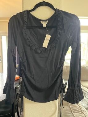 Anthropologie Maeve Long-Sleeve Scoop-Neck Ruched Top Black Size Small NWT $68